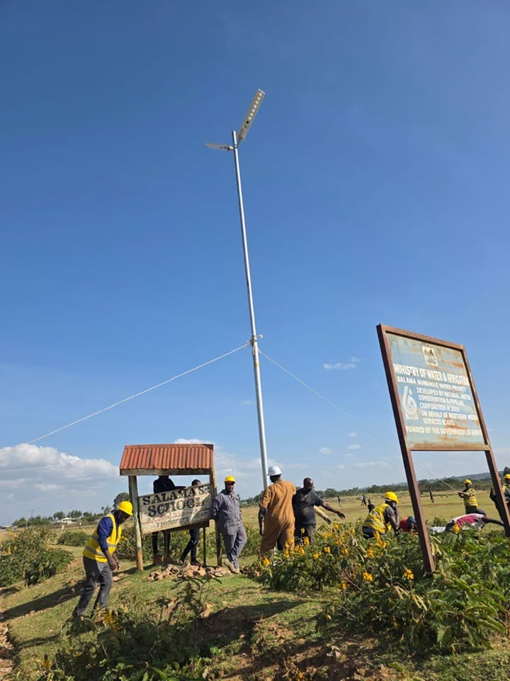 Solar street lighting installation team in Kenya