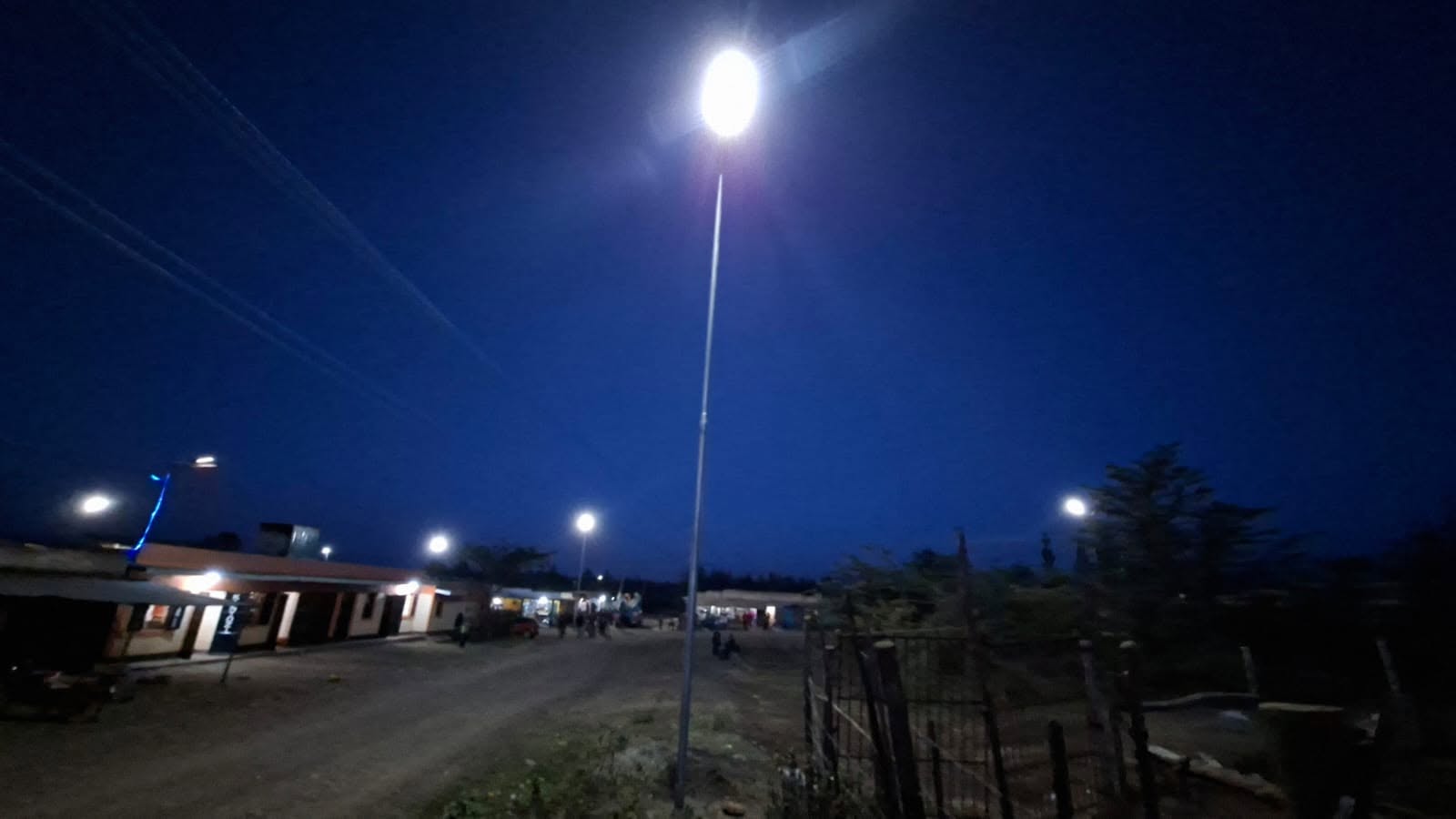 Solar street lights operating at night in Kenya
